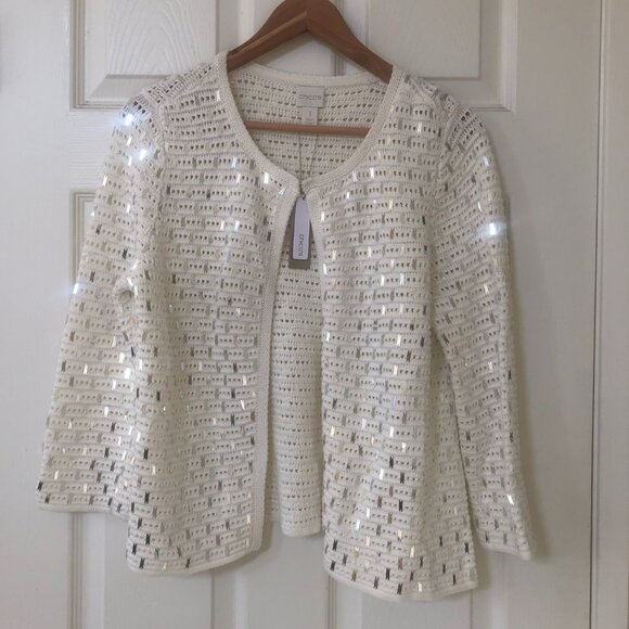 NWT Chico’s White and Silver Sequin Sammie 3/4 Sleeves Cardigan M - Picture 3 of 10